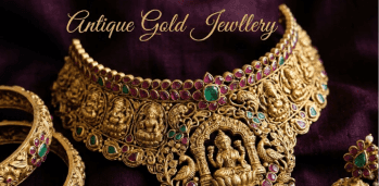 A 22K antique-finish gold temple necklace with a Lakshmi pendant, shown against a dark cloth to highlight the matte finish